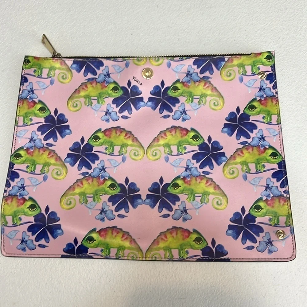 Furla Eden Tote Blue Leather with Interior Clutch Chameleon Print